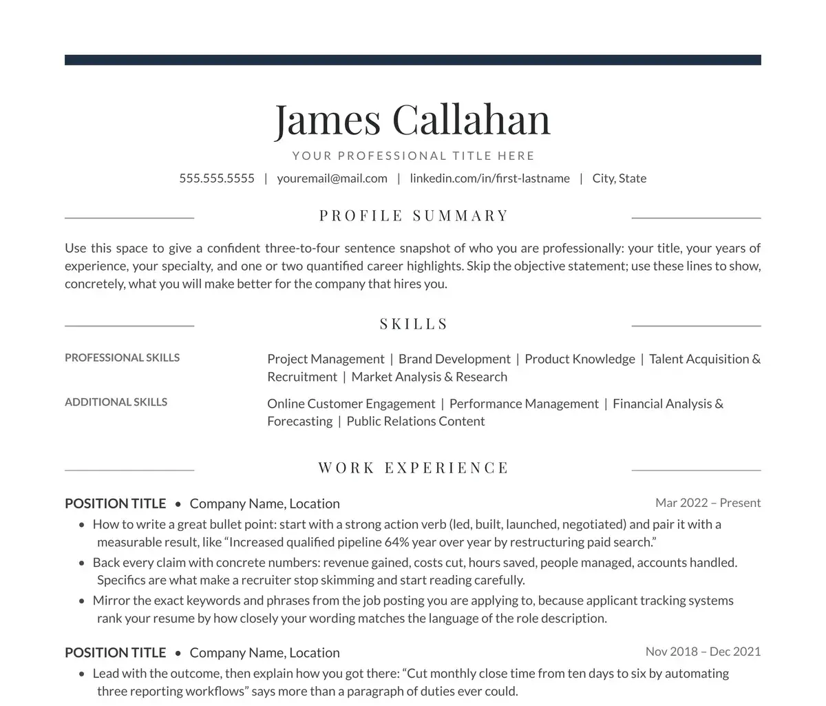 Close-up of the Regent resume template