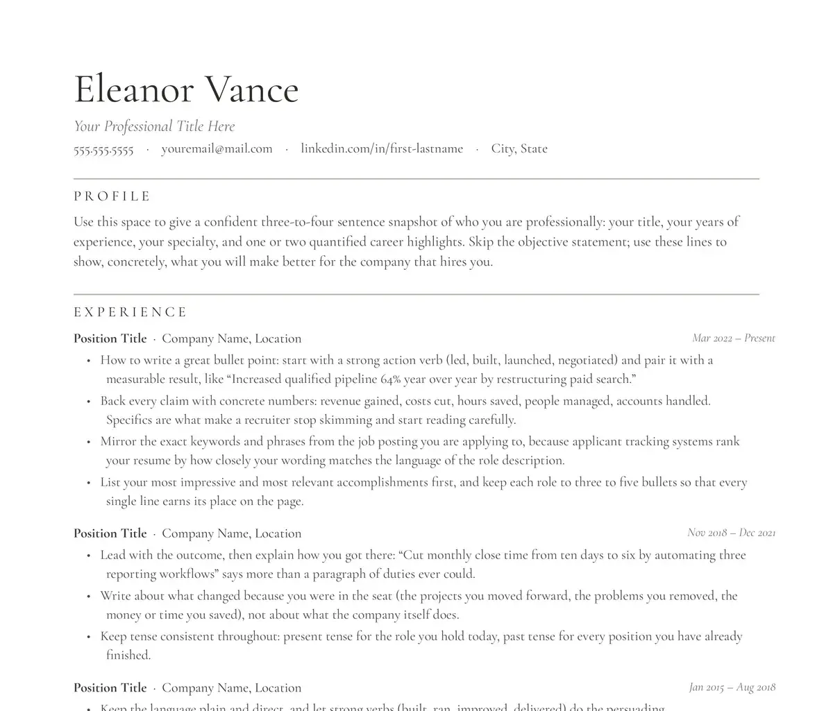 Close-up of the Quill resume template