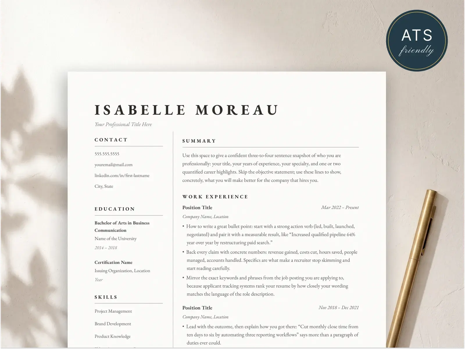 Editorial Two Column Resume Template for Google Docs, Word & Pages | The Atelier — image 2 of 4