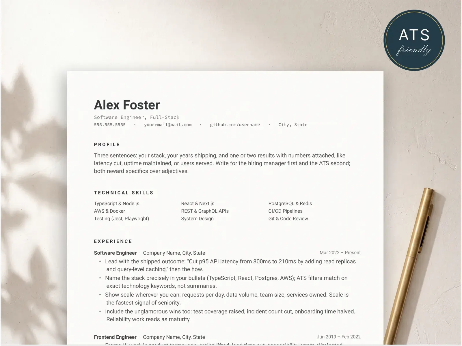 Software Engineer Resume Template for Google Docs, Word & Pages | The Foster — image 2 of 4