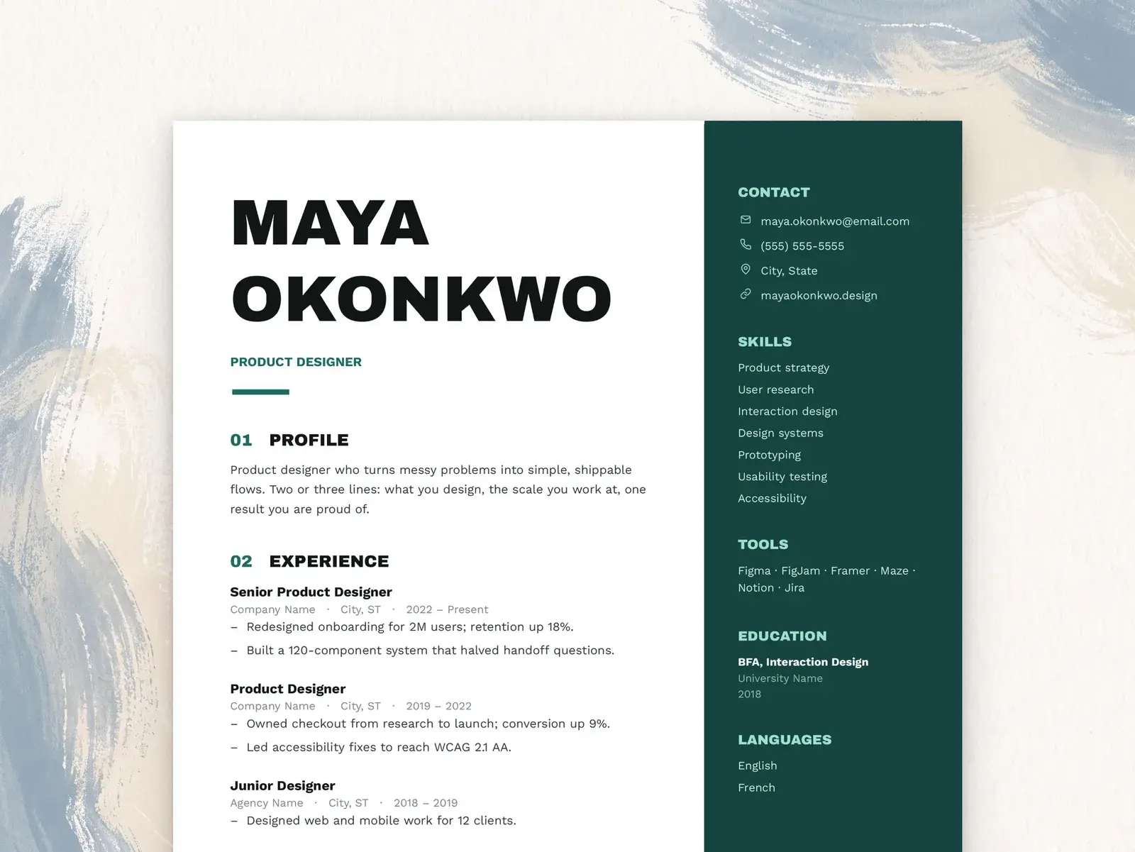 Two-Column Designer Resume Template for Google Docs, Word & Pages | The Marlow — image 2 of 7