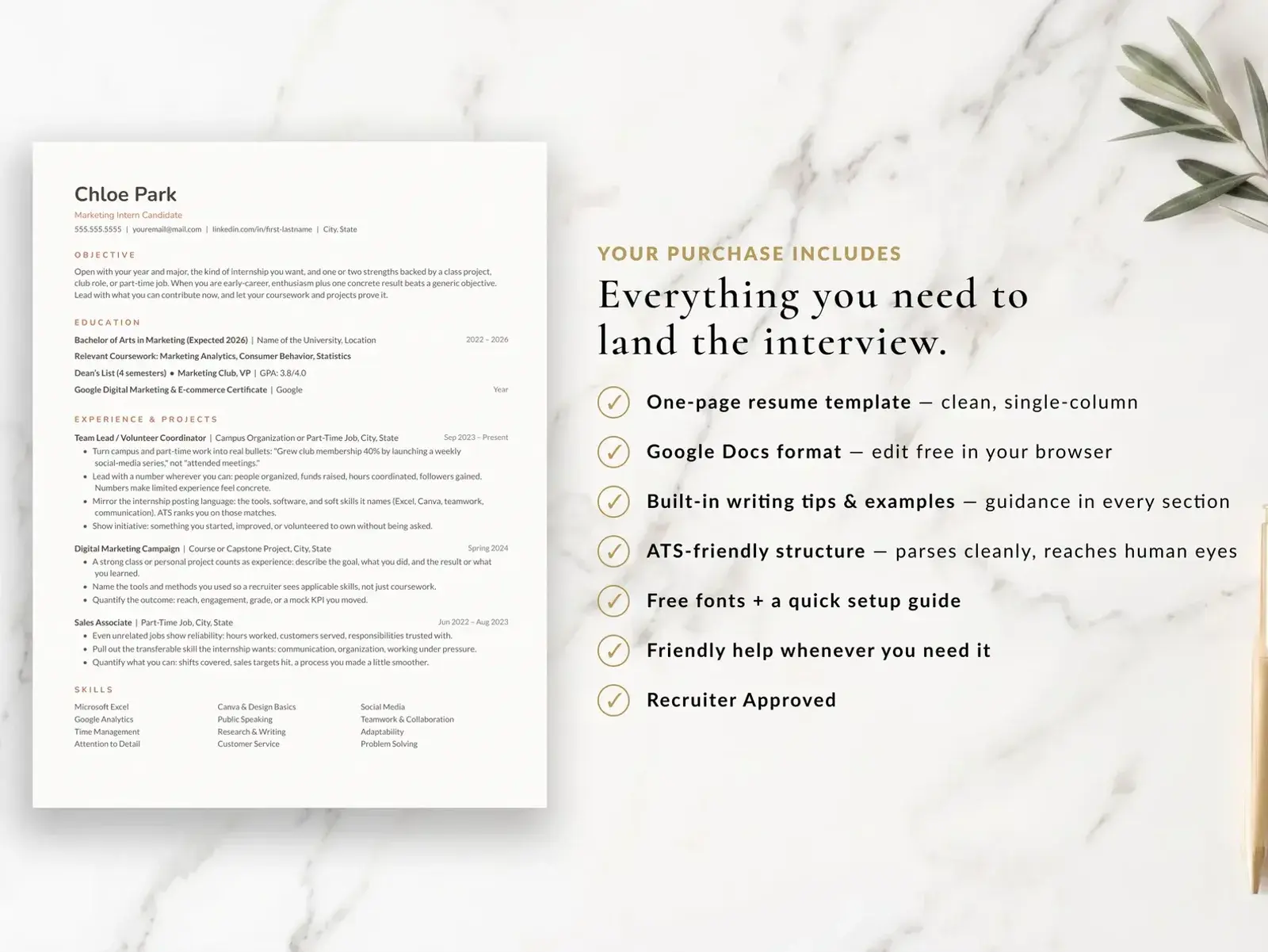 Internship Resume Template for Google Docs, Word & Pages | The Willow — image 6 of 7