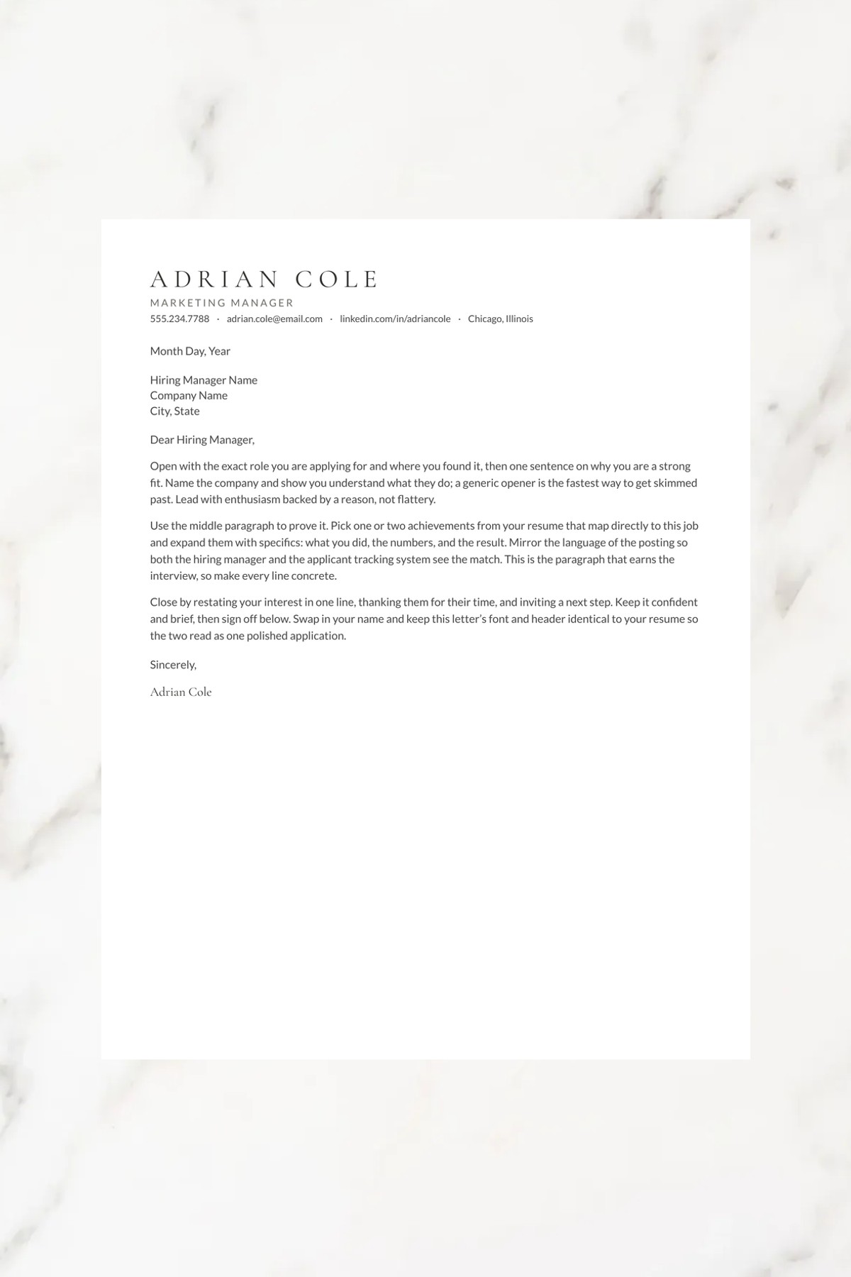 Matching cover letter template for the Ashford resume — Google Docs, Word & Pages, instant download.