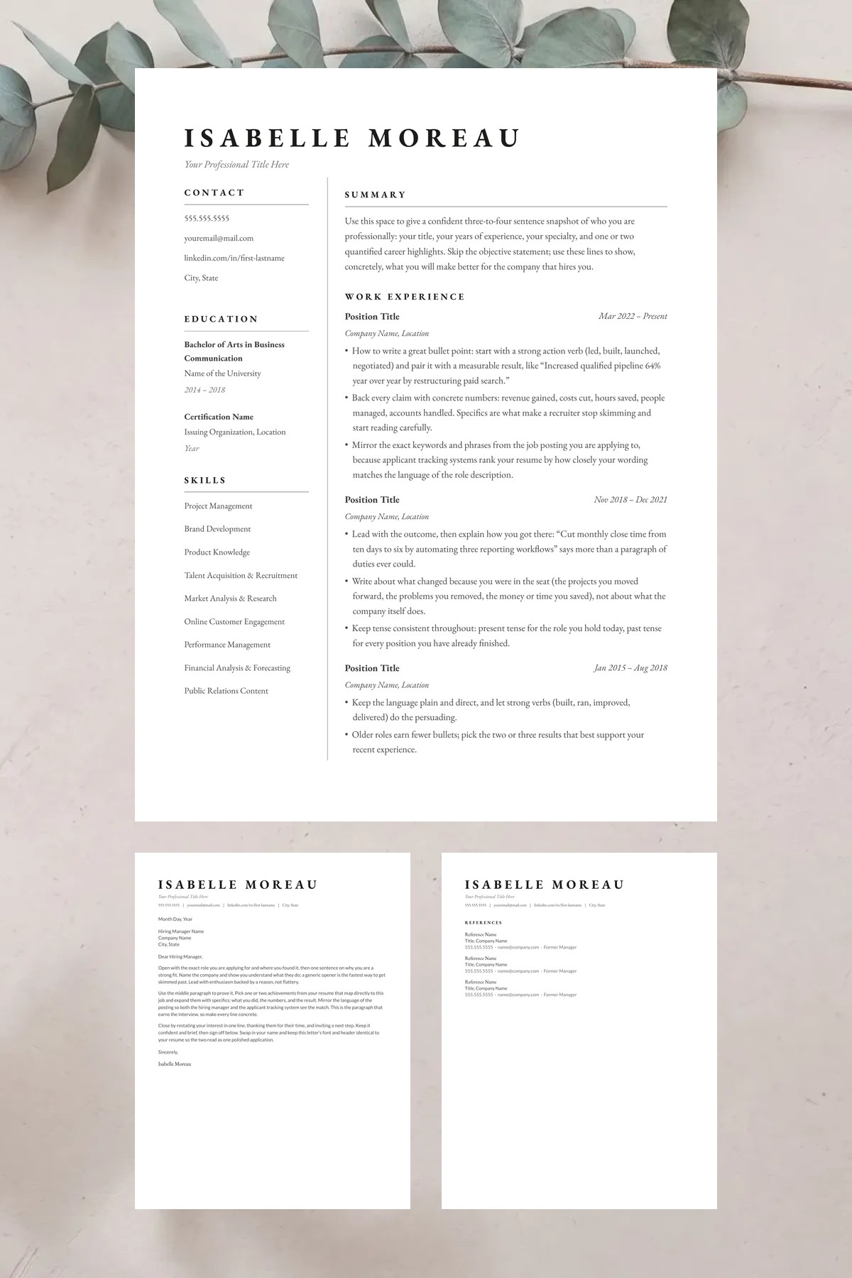 Atelier resume template with a matching cover letter and references page — editable in Google Docs, Word & Pages. ATS-friendly, instant download.