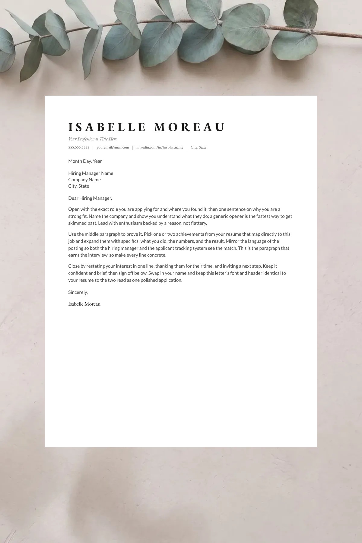 Matching cover letter template for the Atelier resume — Google Docs, Word & Pages, instant download.