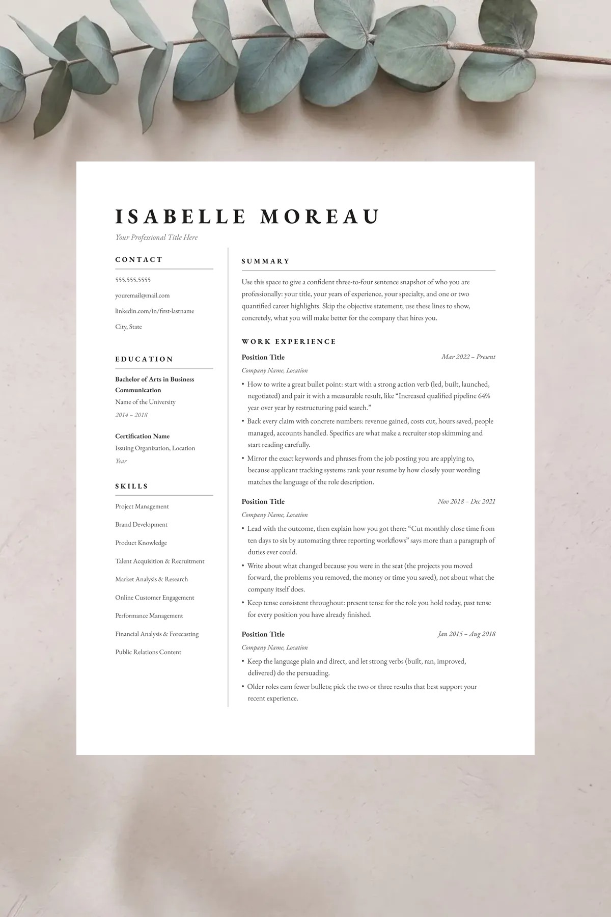 Atelier resume template for Google Docs, Word & Pages. ATS-friendly, one page, instant download.