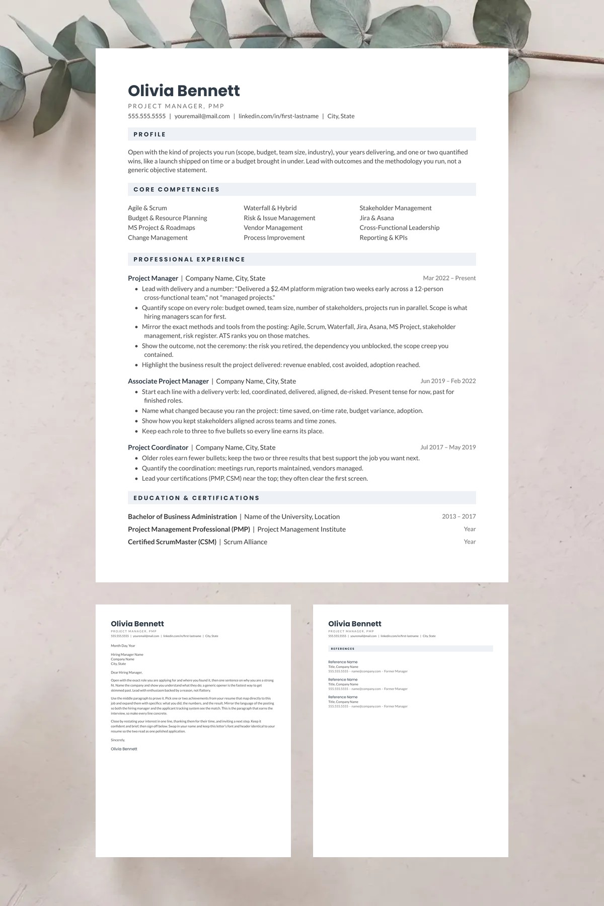 Bridge resume template with a matching cover letter and references page — editable in Google Docs, Word & Pages. ATS-friendly, instant download.