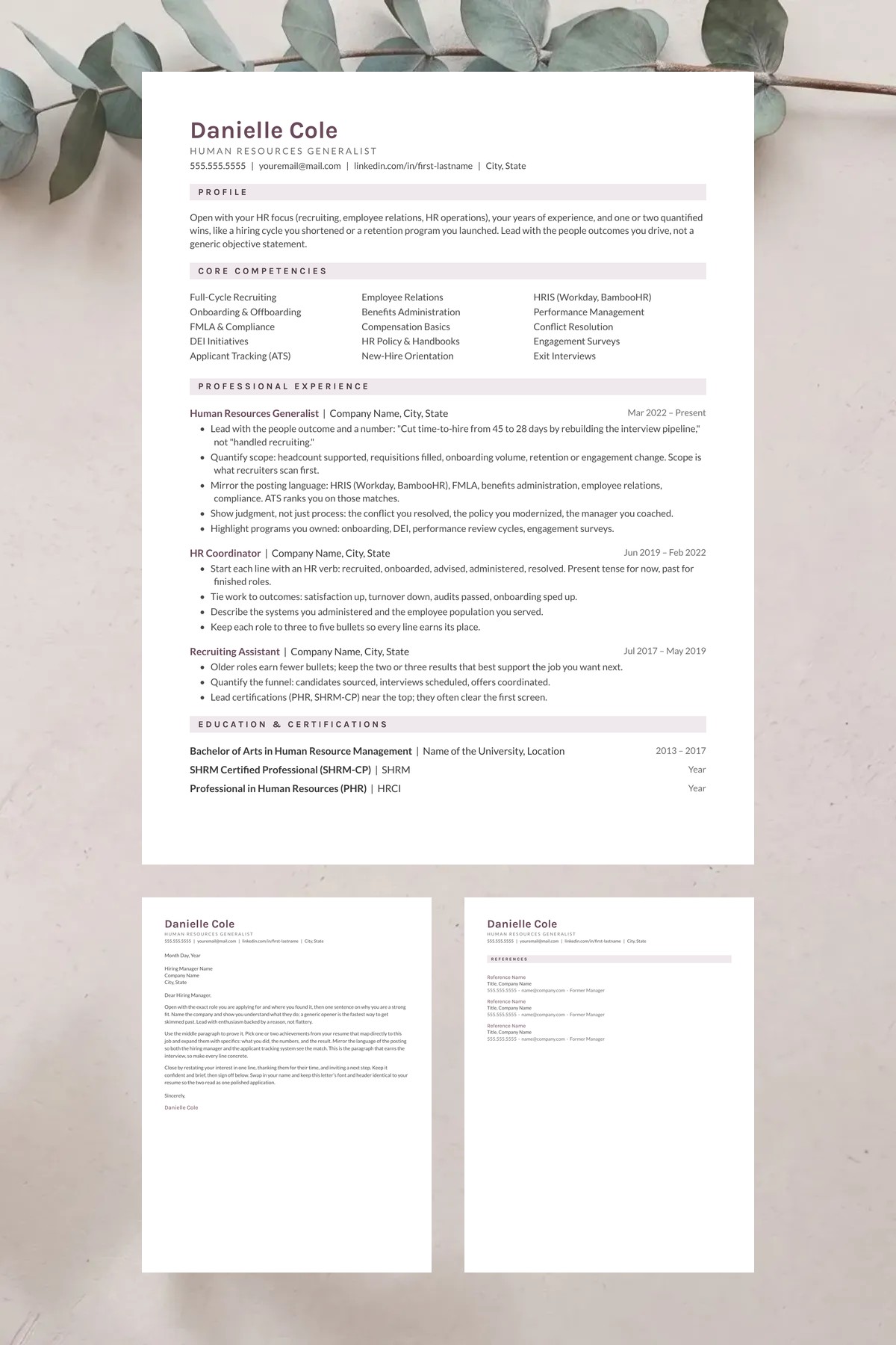 Cove resume template with a matching cover letter and references page — editable in Google Docs, Word & Pages. ATS-friendly, instant download.