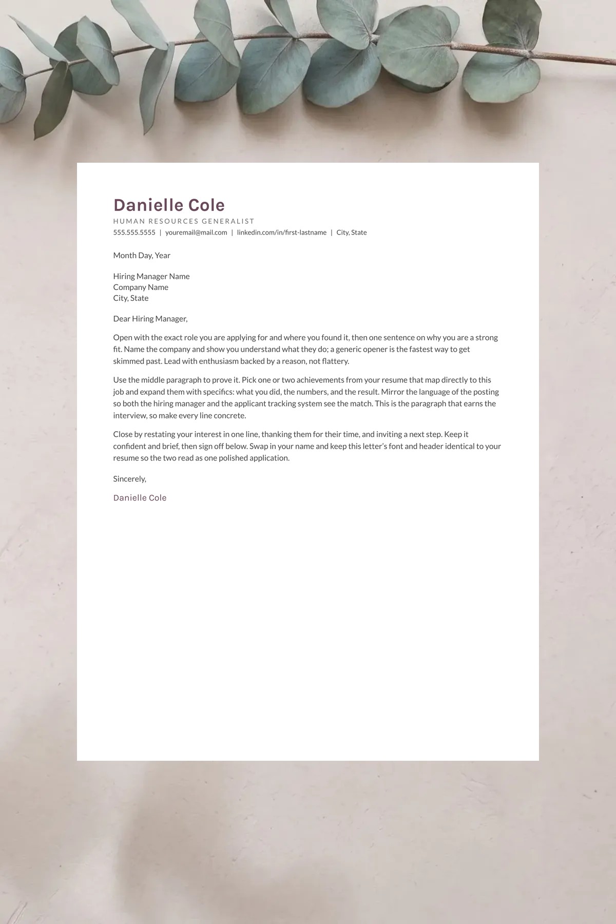 Matching cover letter template for the Cove resume — Google Docs, Word & Pages, instant download.