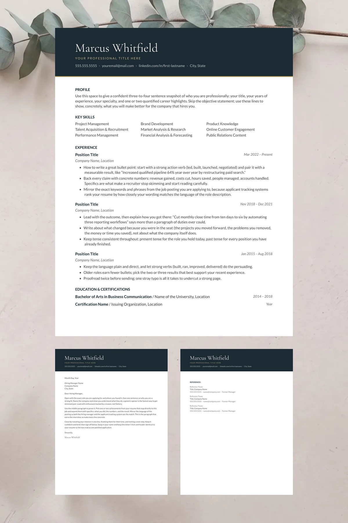 Crest resume template with a matching cover letter and references page — editable in Google Docs, Word & Pages. ATS-friendly, instant download.