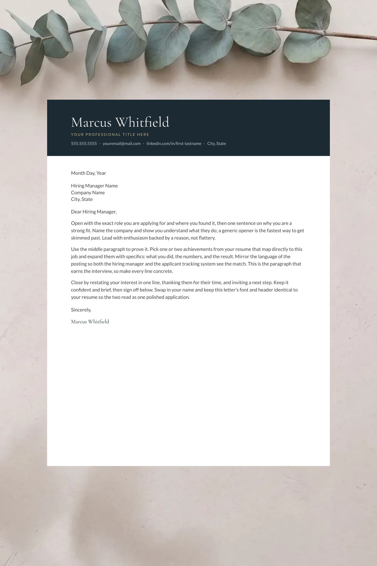 Matching cover letter template for the Crest resume — Google Docs, Word & Pages, instant download.