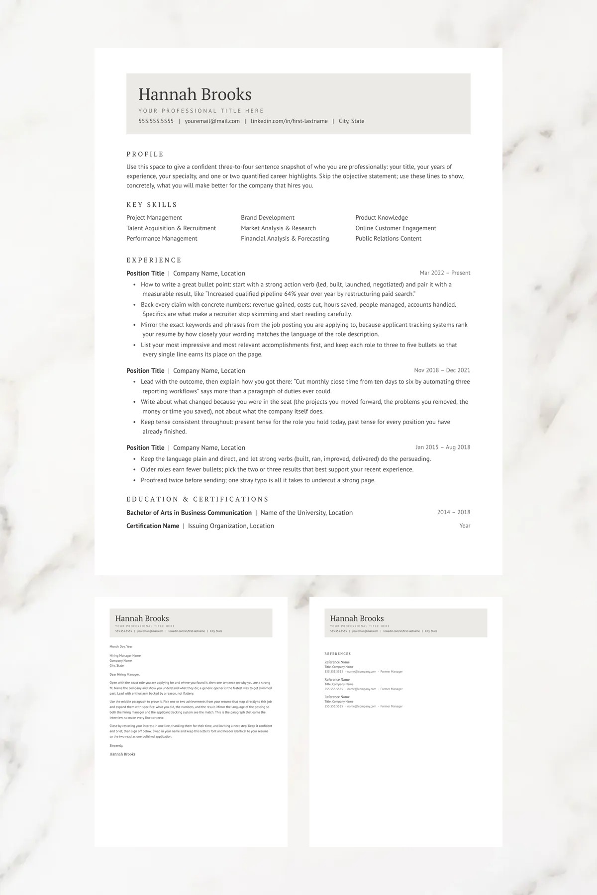 Linen resume template with a matching cover letter and references page — editable in Google Docs, Word & Pages. ATS-friendly, instant download.