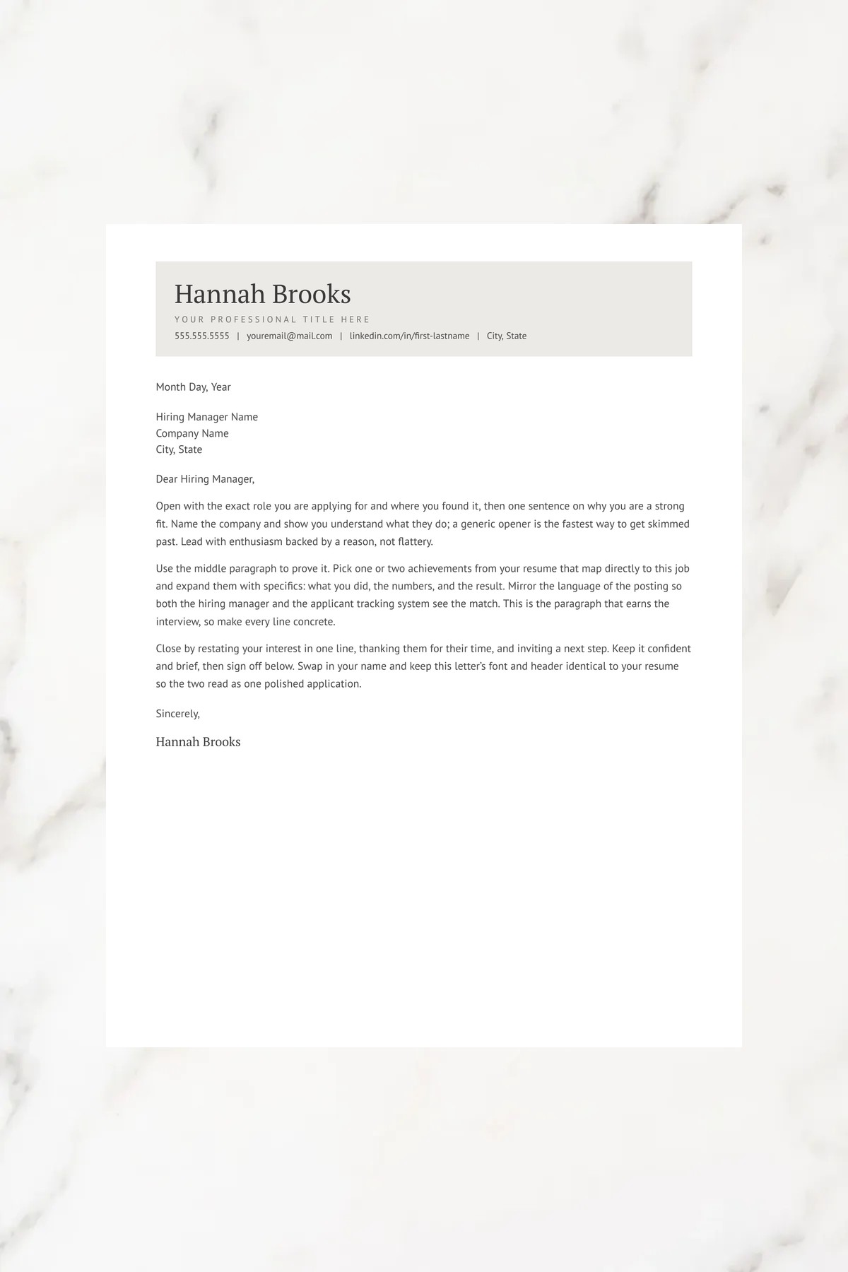 Matching cover letter template for the Linen resume — Google Docs, Word & Pages, instant download.