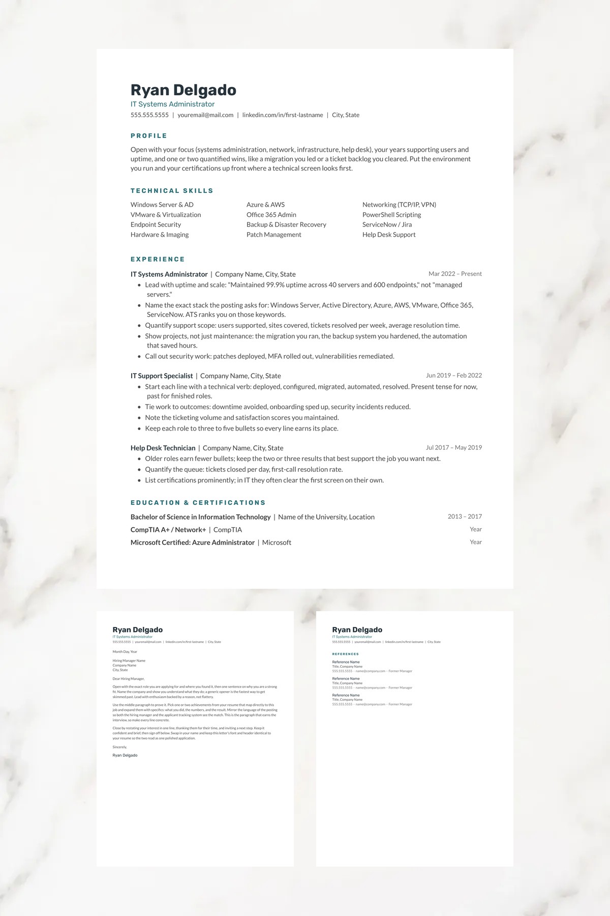 Vector resume template with a matching cover letter and references page — editable in Google Docs, Word & Pages. ATS-friendly, instant download.